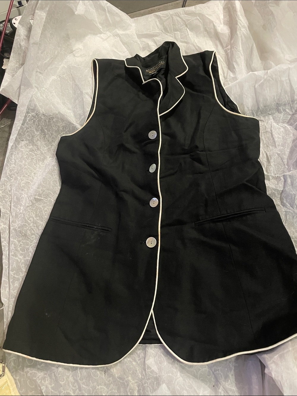 Sleeveless Black Blazer Vest with Ivory Piping